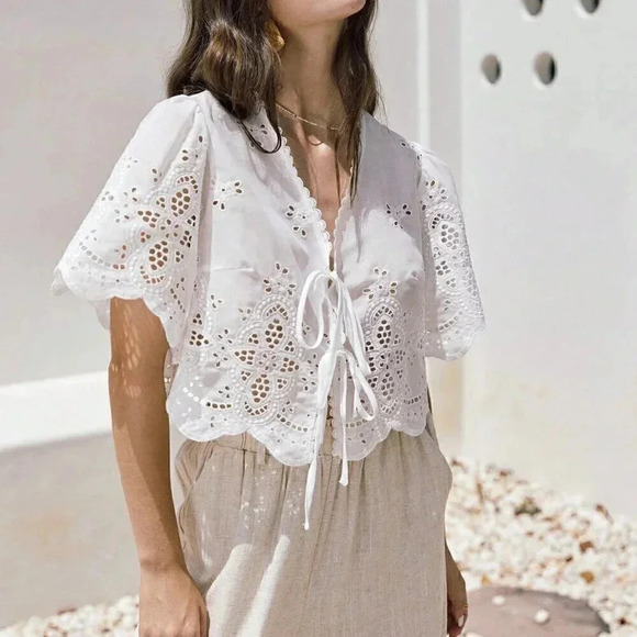White Boho Women's Summer Ruffle Sleeve Embroidery Fabric Lace Up Short Top - Picture 5 of 6